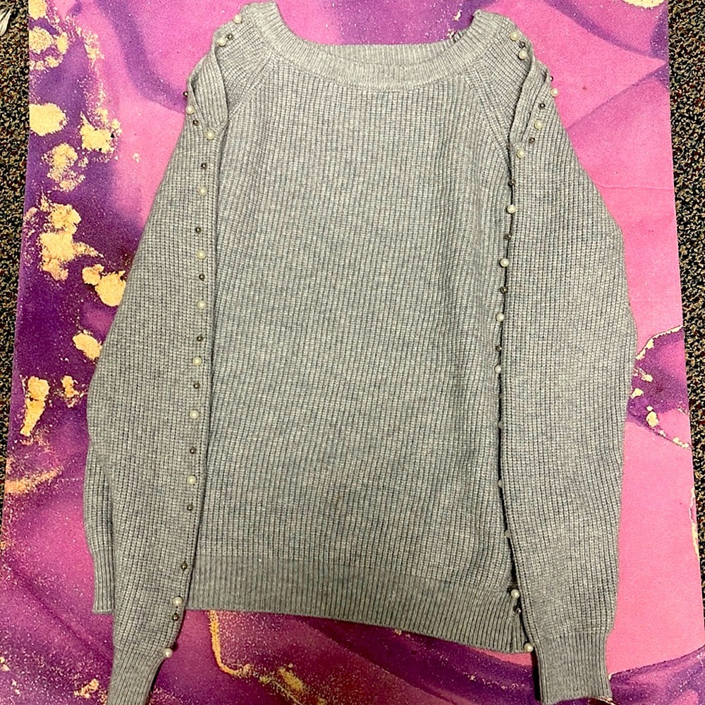 Cold shoulder, pearl beaded sweater